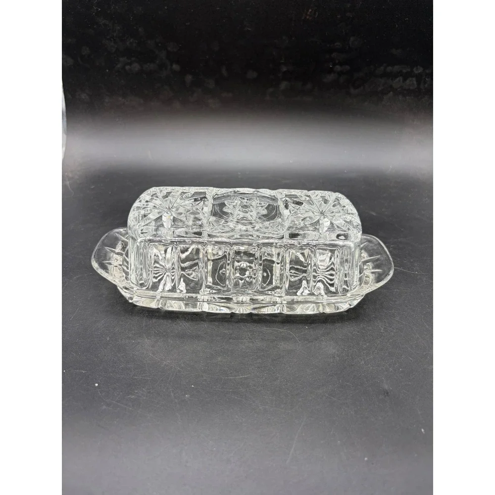 Vintage Clear Pressed Glass Butter Dish with Lid Starburst Pattern Rectangular